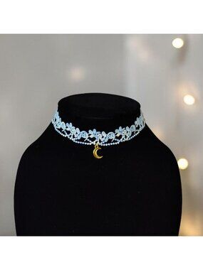 Blue Floral Lace Moon Choker Necklace Celestial Jewelry Gothic Fairycore Cottage